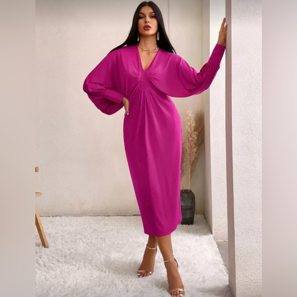 SHEIN Magenta V-Neck Midi Dress